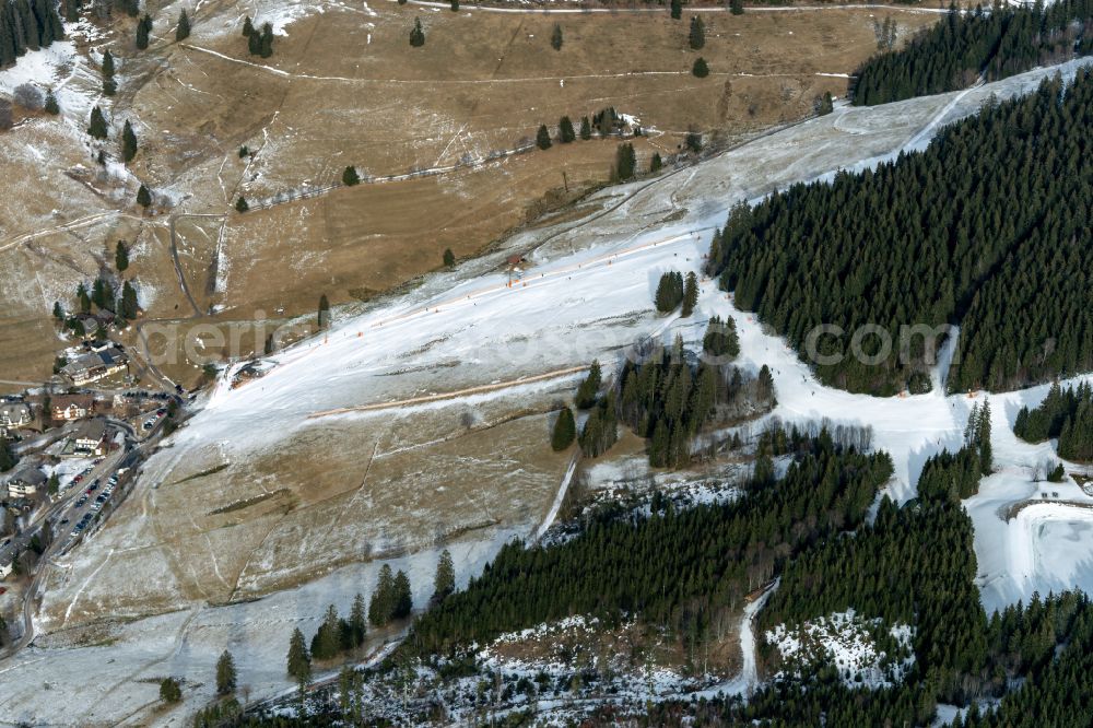Aerial image Todtnau - Aisle and downhill slope in the winter sports ski areawith Schneemangel on street Martin-Heidegger-Weg in Todtnau in the state Baden-Wuerttemberg, Germany
