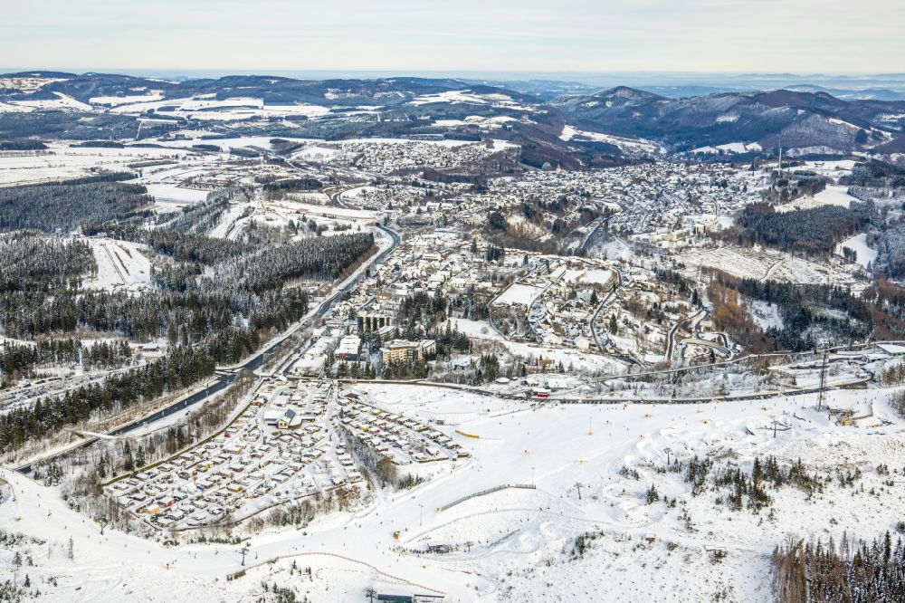 Aerial image Winterberg - Aisle and downhill slope in the winter sports ski area on street Am Waltenberg in Winterberg at Sauerland in the state North Rhine-Westphalia, Germany