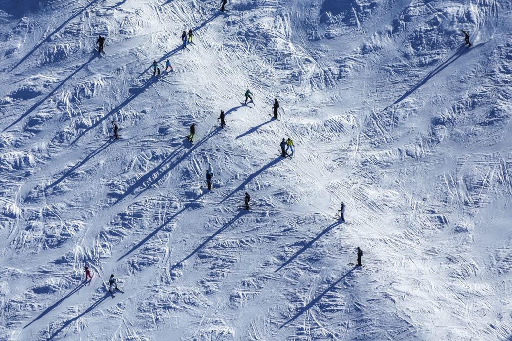 Aerial image Bayerisch Eisenstein - Skiers on the slopes in Bayerisch Eisenstein in Bavaria