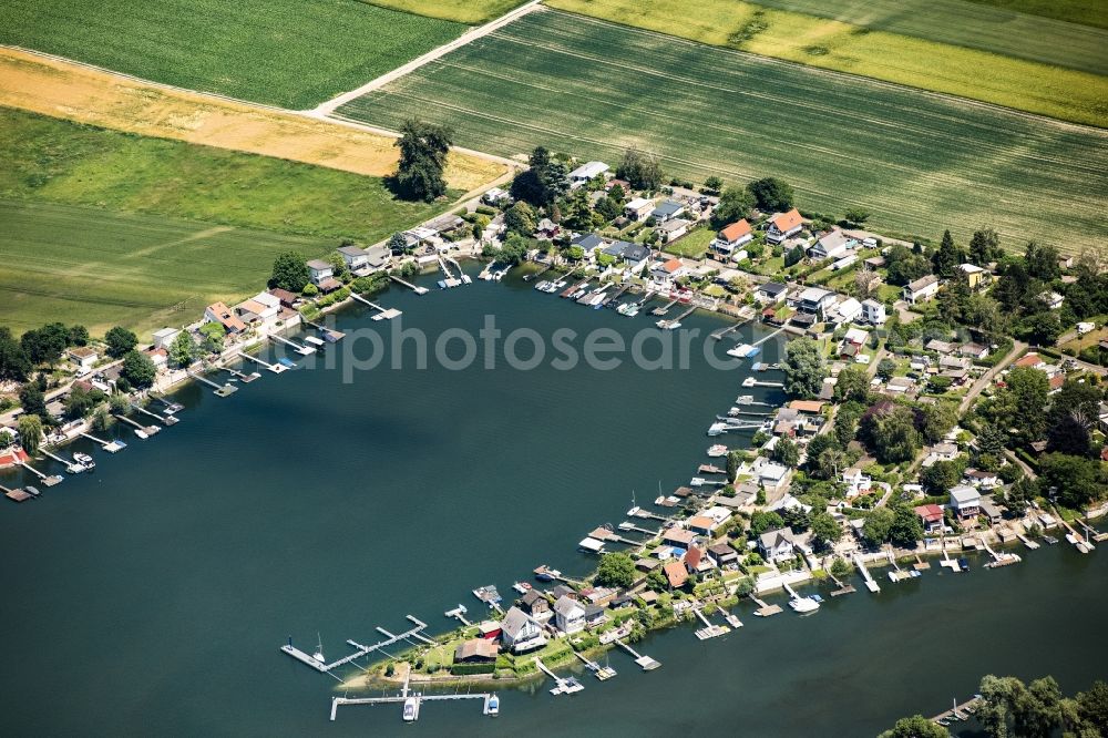Eich from above - Weekend camping and Beach areas of the Lake of Eich at the river Rhine in Eich in the state Rhineland-Palatinate