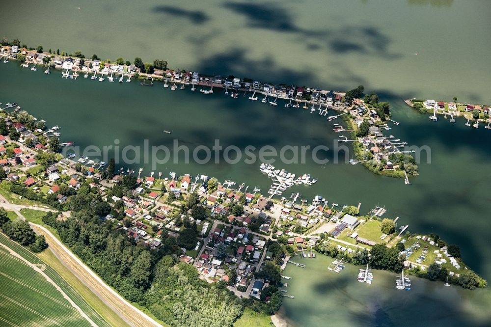 Aerial photograph Eich - Weekend camping and Beach areas of the Lake of Eich at the river Rhine in Eich in the state Rhineland-Palatinate