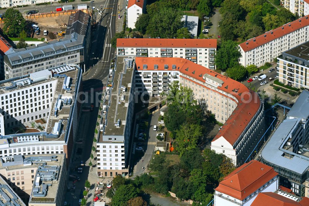 Dresden from the bird's eye view: Residential and commercial building district on Schweriner Strasse in the district Wilsdruffer Vorstadt in Dresden in the state Saxony, Germany