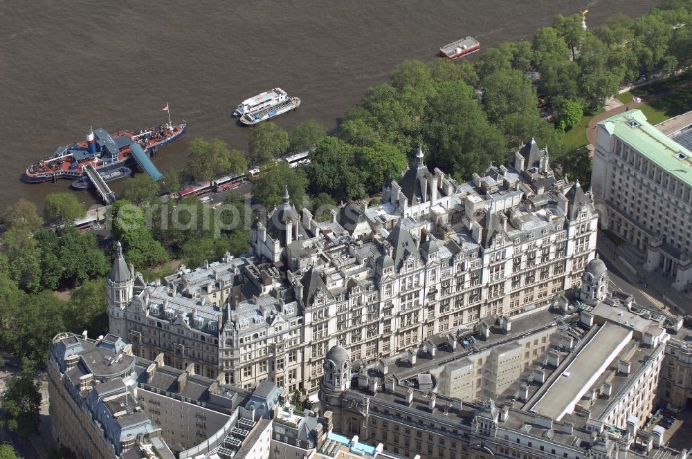 Aerial image London - View of a residential and office block in Victorian style and the british Ministry of Defence at Whithall Place upon the Thames in the district City of London in London in the United Kingdom