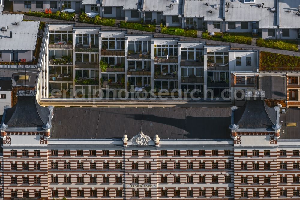 Leipzig from above - Residential and commercial building district Elsterpark along the Nonnenstrasse in the district Plagwitz in Leipzig in the state Saxony, Germany
