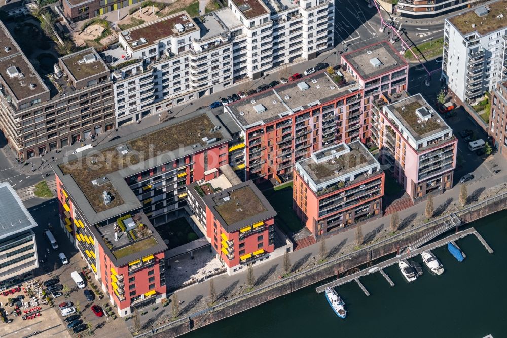 Frankfurt am Main from above - Residential and commercial building district along with dem Cronstetten-Haus along the Speicherstrasse - Bachforellenweg at the docks of the Marina Westhafen in the district Gutleutviertel in Frankfurt in the state Hesse, Germany