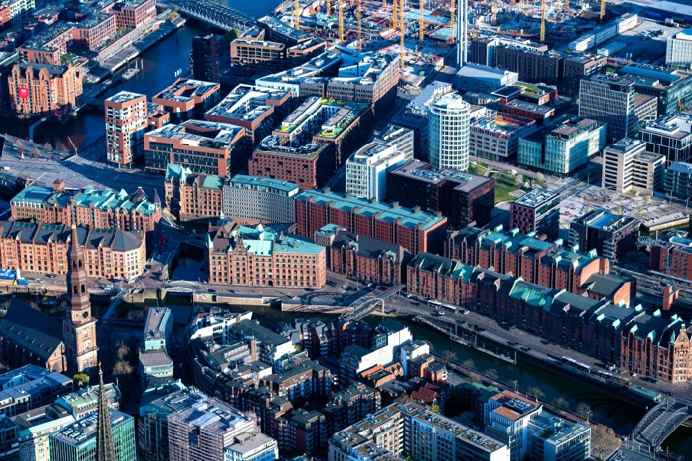Aerial image Hamburg - Residential and commercial buildings in the traditional Speicherstadt in Hamburg, Germany