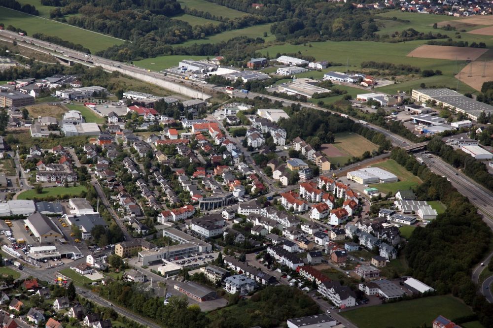 Aerial photograph Limburg an der Lahn - Industrial estate and company settlement and residential area beside the A3 motorway in Limburg an der Lahn in the state Hesse