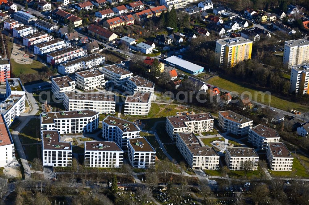 München from the bird's eye view: New multi-family residential complex ParkStyle in the district Aubing-Lochhausen-Langwied in Munich in the state Bavaria, Germany