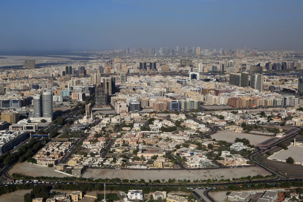 Dubai from the bird's eye view: Residential areas Al Jafiliya and Al Mankhool in Dubai in the Arab Emirates. Looking to the Dubai Creek area
