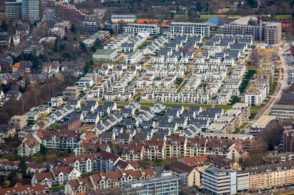 Düsseldorf from the bird's eye view: Single-family residential area of settlement Gartenstadt Reitzenstein in Duesseldorf in the state North Rhine-Westphalia, Germany