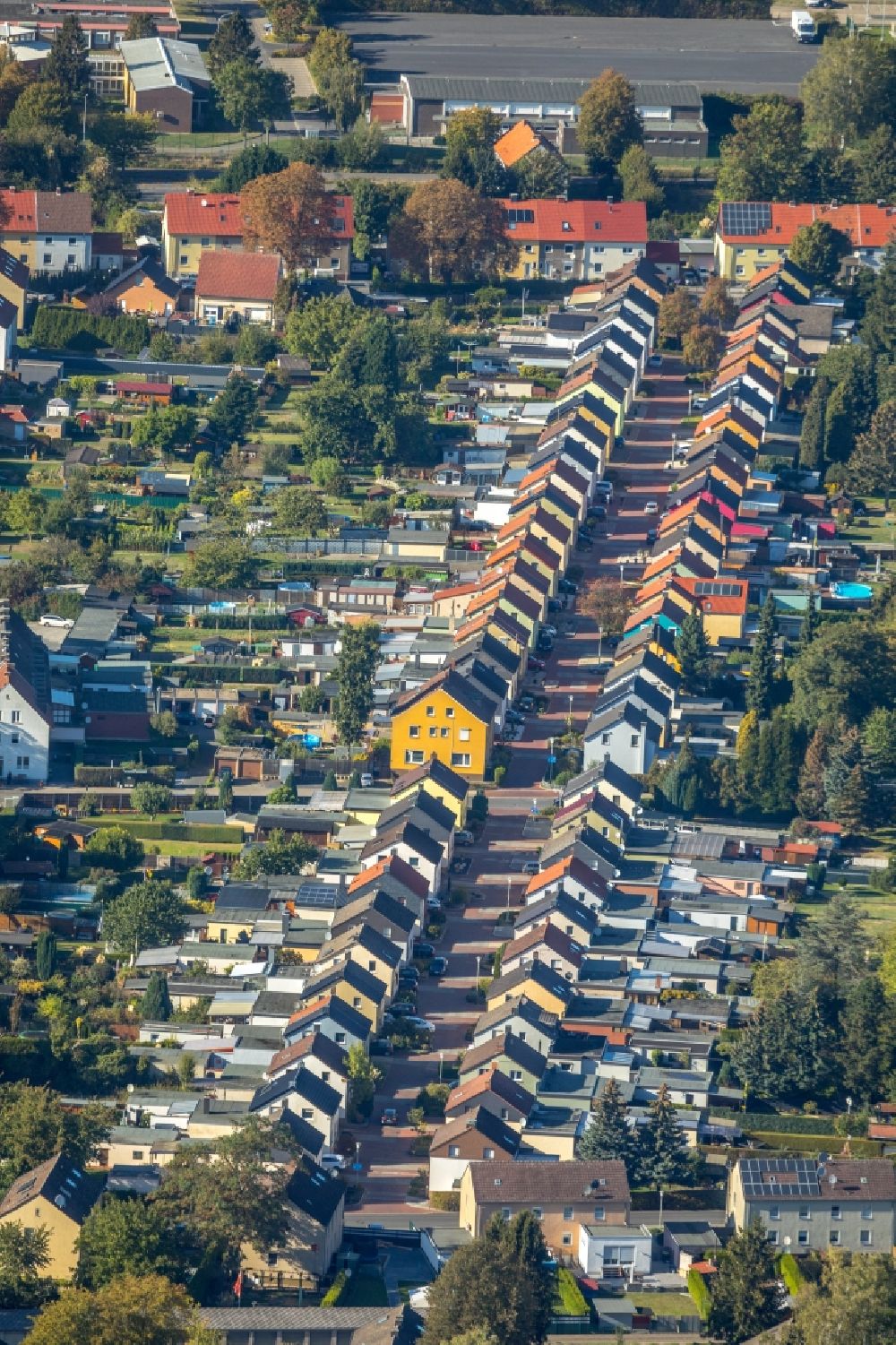 Aerial photograph Unna - Residential area of a single-family house settlement, historical colliery settlement on Friedrichstrasse in Unna, North Rhine-Westphalia, Germany