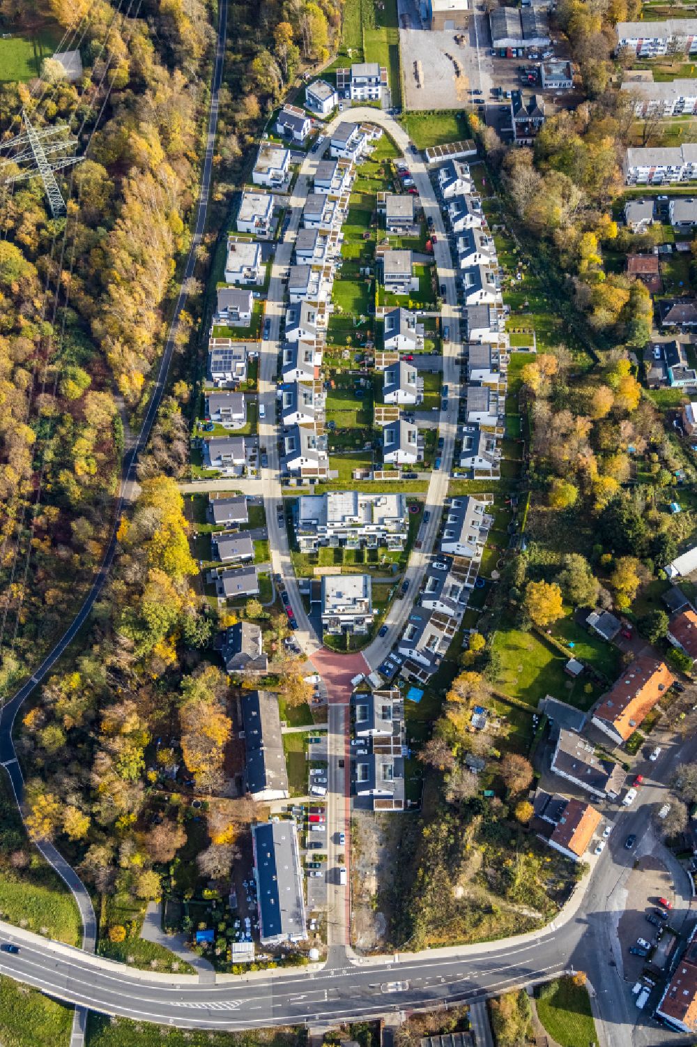 Aerial image Bochum - Residential area of detached housing estate MARKASCHER BOGEN in Weitmar in Bochum in the state North Rhine-Westphalia, Germany