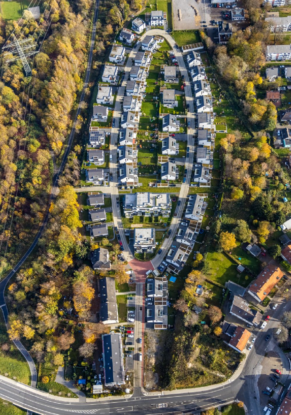 Bochum from the bird's eye view: Residential area of detached housing estate MARKASCHER BOGEN in Weitmar in Bochum in the state North Rhine-Westphalia, Germany