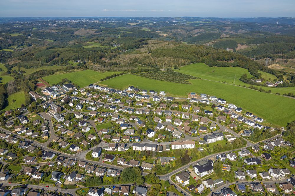 Herscheid from above - Residential areas on the edge of agricultural land in Herscheid in the state North Rhine-Westphalia, Germany