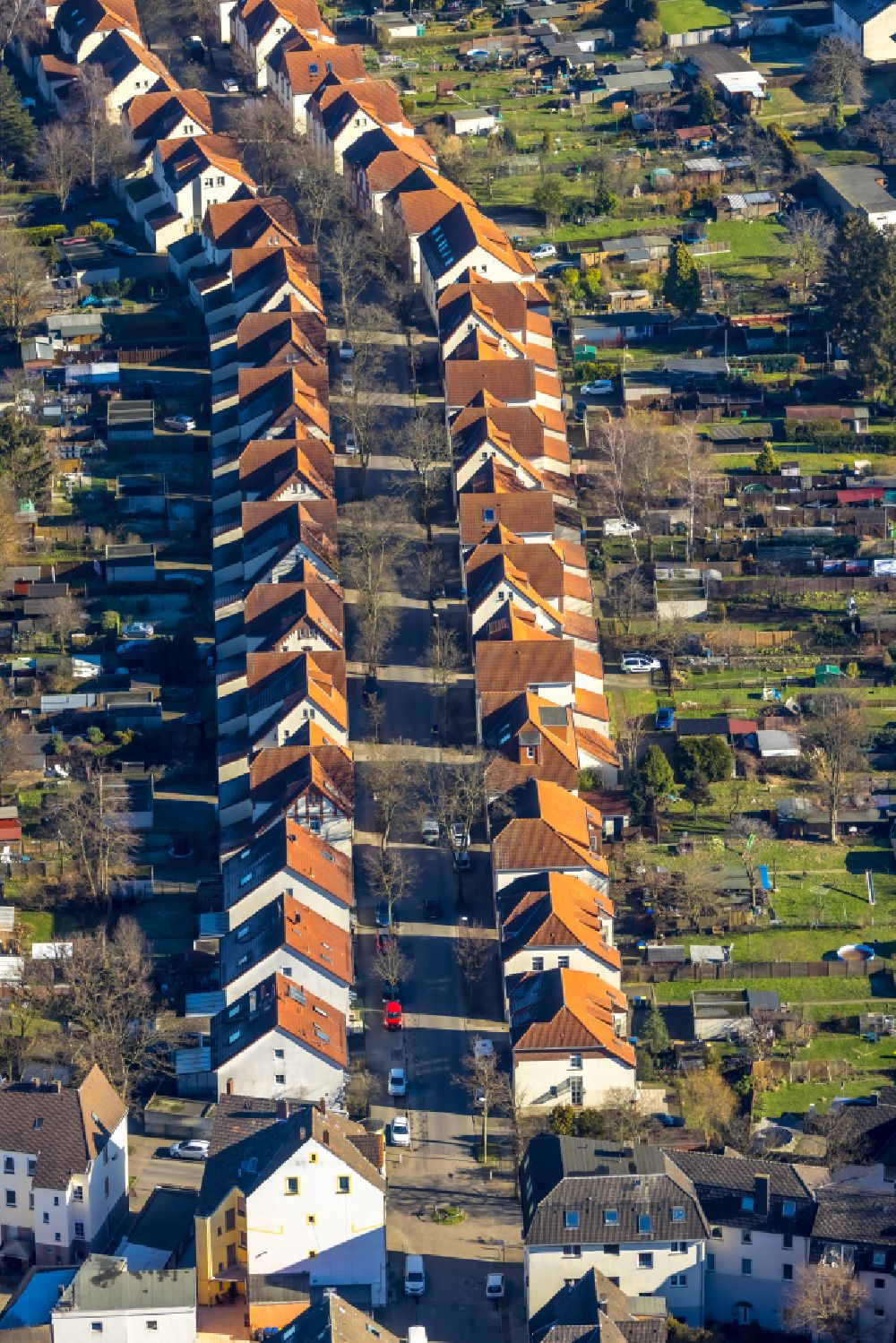 Lünen from above - Residential area of the multi-family house settlement Alte Kolonie Brambauer in Luenen in the state North Rhine-Westphalia