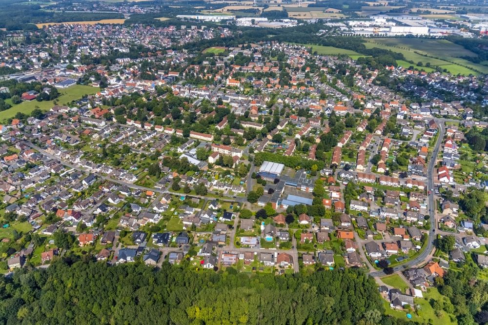 Bönen from above - Residential area of the multi-family house settlement in Bönen in the state North Rhine-Westphalia, Germany