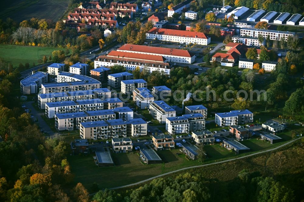 Aerial photograph Potsdam - Residential area of the multi-family house settlement Carl-Daehne-Strasse - Zum Duesteren Teich in the district Eiche in Potsdam in the state Brandenburg, Germany