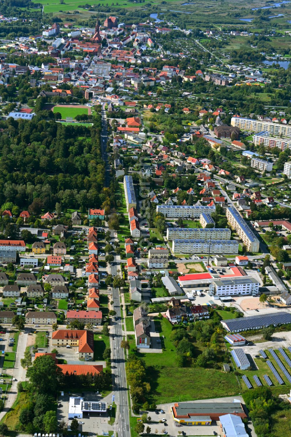 Demmin from above - Residential area of the multi-family house settlement on street Jarmener Strasse in Demmin in the state Mecklenburg - Western Pomerania, Germany