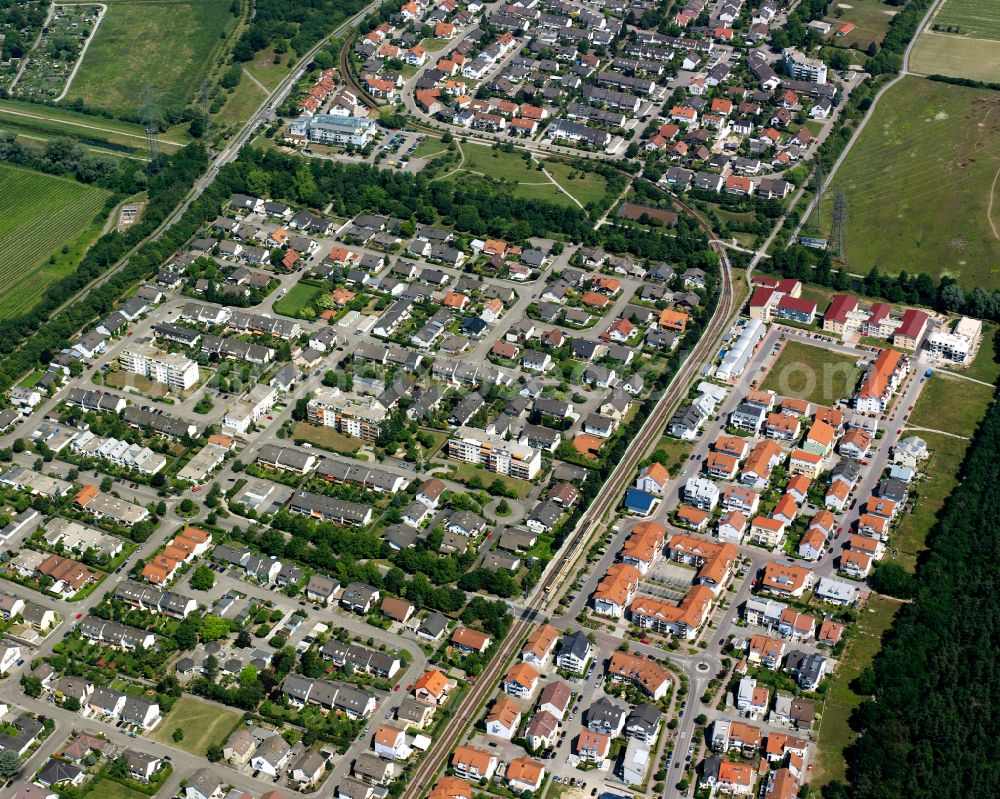 Eggenstein from the bird's eye view: Residential area of the multi-family house settlement in Eggenstein in the state Baden-Wuerttemberg, Germany