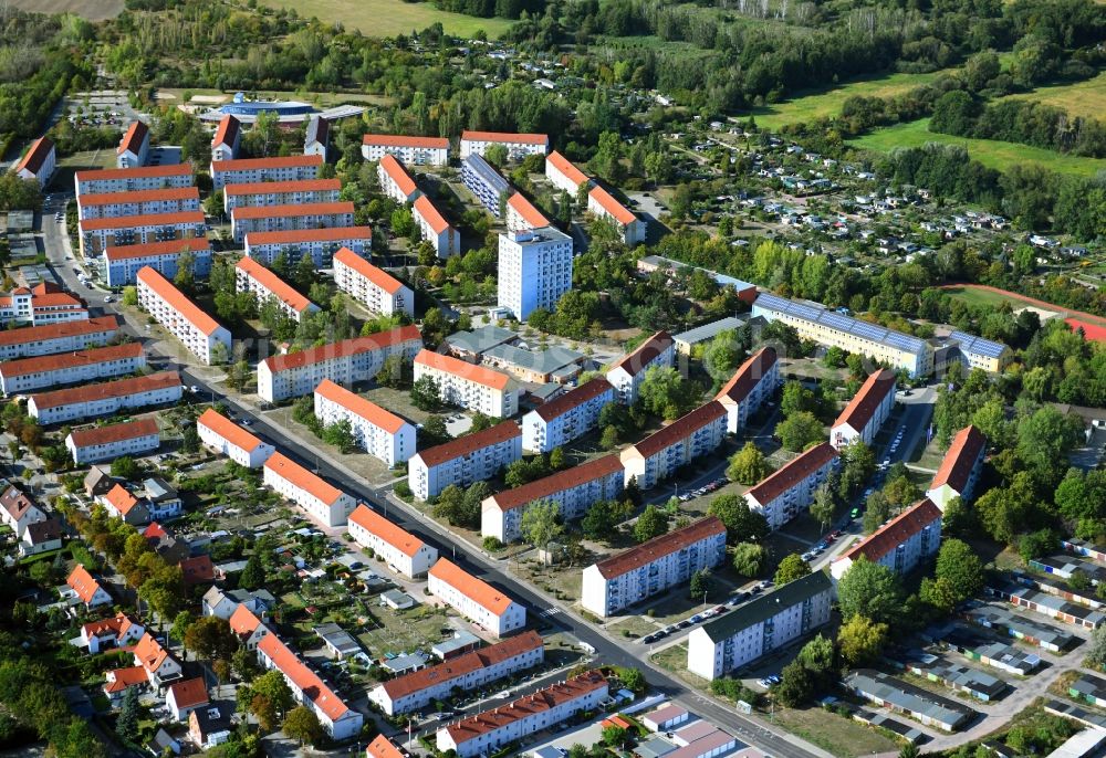 Wolfen from above - Residential area of the multi-family house settlement along the Reudener Strasse in Wolfen in the state Saxony-Anhalt, Germany