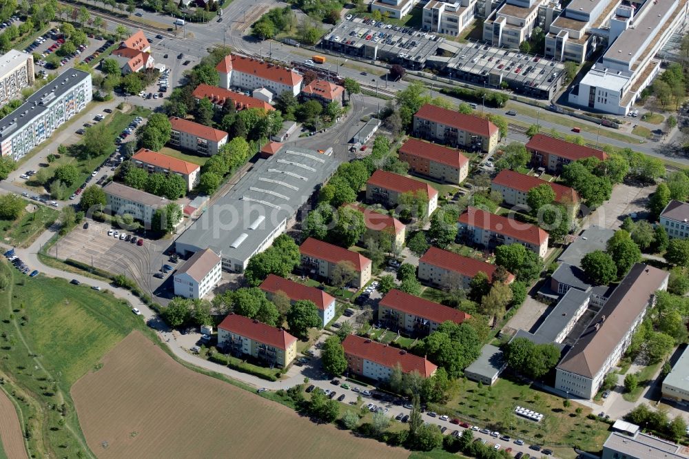 Erfurt from above - Residential area of the multi-family house settlement on EVAG Betriebshof Nordhaeuser Strasse on Elbestrasse in the district Andreasvorstadt in Erfurt in the state Thuringia, Germany