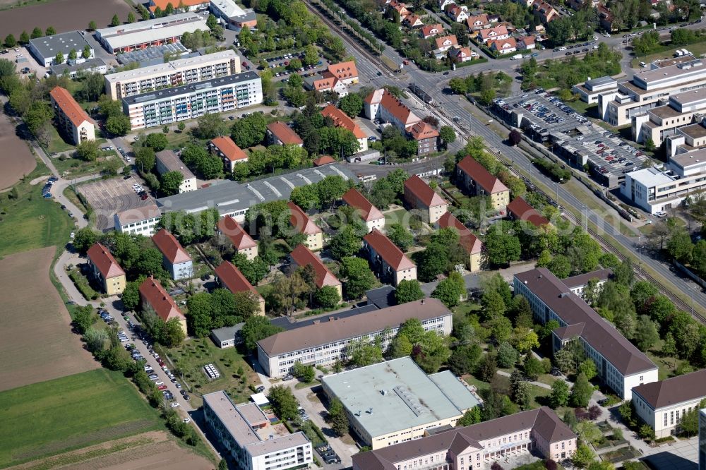 Erfurt from the bird's eye view: Residential area of the multi-family house settlement on EVAG Betriebshof Nordhaeuser Strasse on Elbestrasse in the district Andreasvorstadt in Erfurt in the state Thuringia, Germany