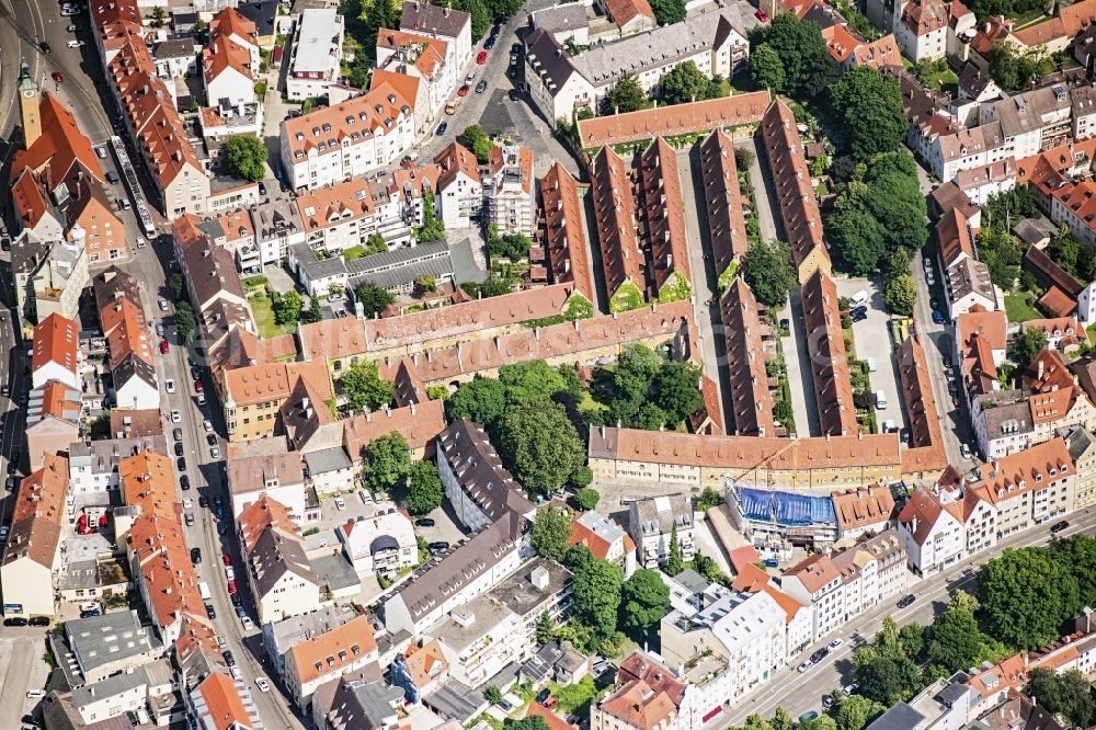 Augsburg from above - Residential area of the multi-family house settlement die Fuggerei,sie ist die aelteste Sozialsiedlung of Welt. in Augsburg in the state Bavaria, Germany