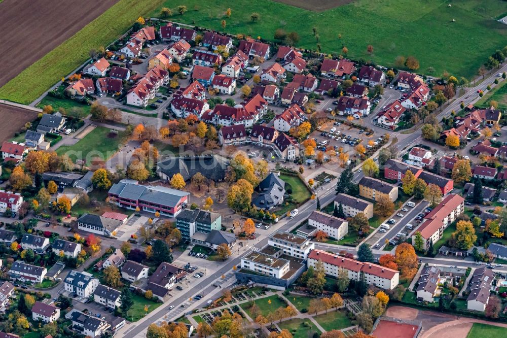 Stegen from above - Residential area of the multi-family house settlement with Grand and Hauptschule in Stegen in the state Baden-Wuerttemberg, Germany