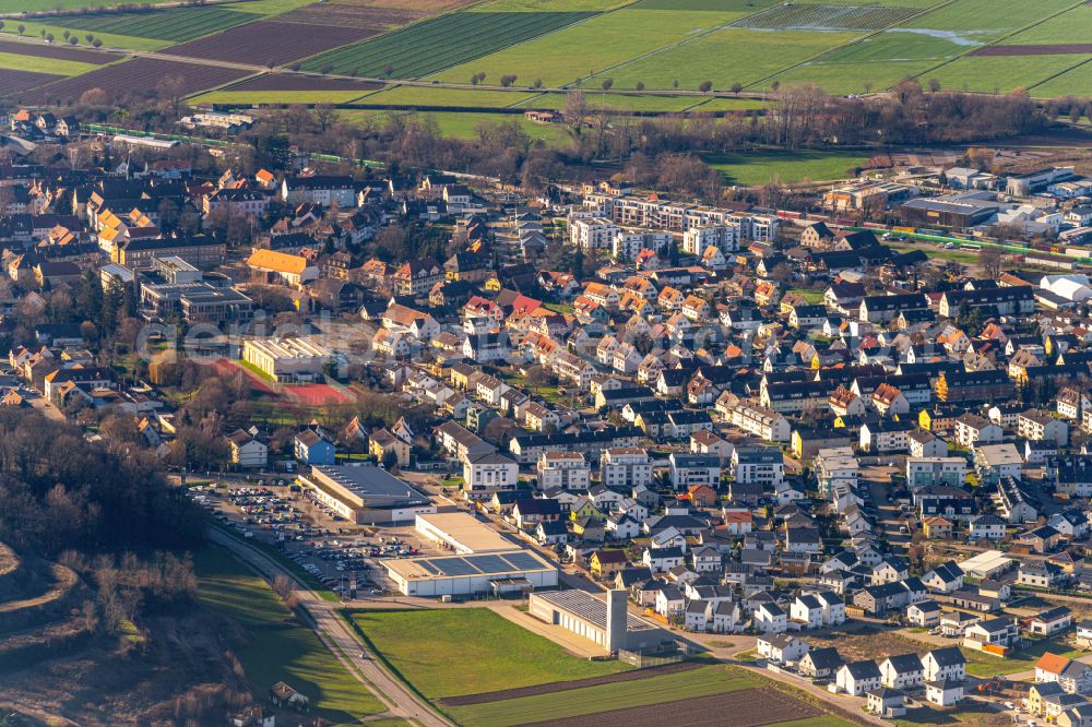 Kenzingen from above - Residential area of the multi-family house settlement in Kenzingen in the state Baden-Wurttemberg, Germany
