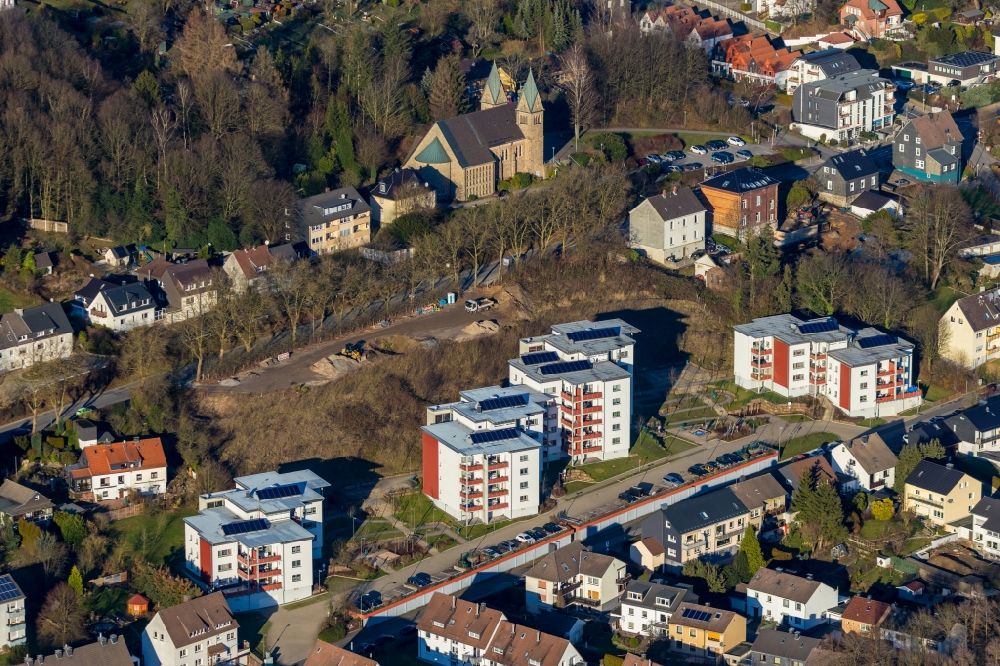 Aerial image Ennepetal - Residential area of the multi-family house settlement on Koenigsberger Strasse overlooking the local church in Ennepetal in the state North Rhine-Westphalia, Germany
