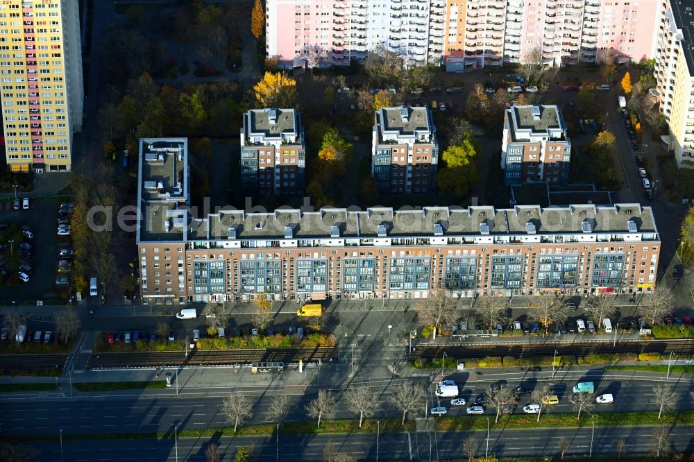 Aerial image Berlin - Residential area of the multi-family house settlement on Landsberger Allee in the district Hohenschoenhausen in Berlin, Germany