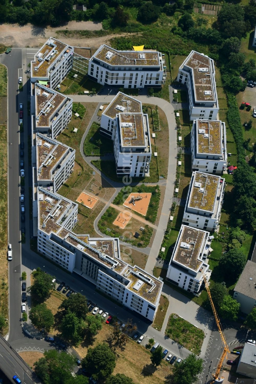 Aerial photograph Bonn - Residential area of the multi-family house settlement Wohnquartier Suedstadtgaerten along the Albert-Fischer-Strasse in the district Kessenich in Bonn in the state North Rhine-Westphalia, Germany