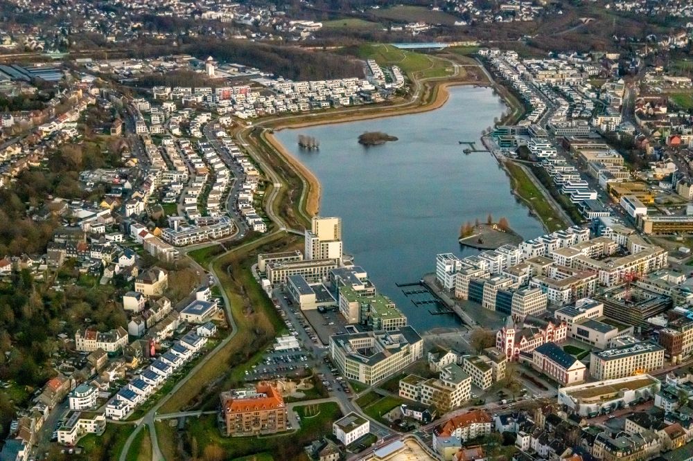 Dortmund from the bird's eye view: Residential area of the multi-family house Settlement at shore Areas of lake Phoenix See in the district Hoerde in Dortmund at Ruhrgebiet in the state North Rhine-Westphalia, Germany