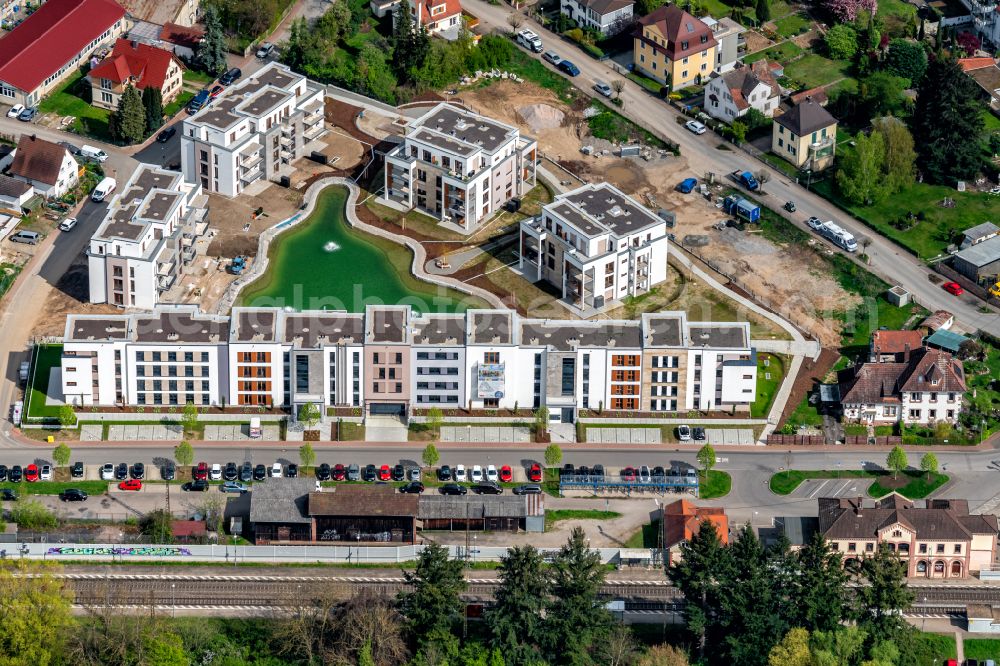 Aerial image Kenzingen - Residential area of the multi-family house settlement Seeleben on street Ladhofstrasse - Poststrasse - Eisenbahnstrasse in Kenzingen in the state Baden-Wuerttemberg, Germany