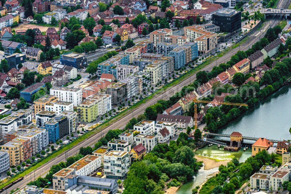 Aerial image Tübingen - Residential area of the multi-family house settlement on street Eisenbahnstrasse in Tuebingen in the state Baden-Wuerttemberg, Germany