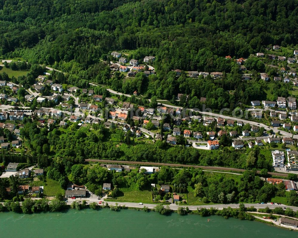 Gippingen from above - Residential area of a multi-family house settlement on the bank and river of the Rhine river in Gippingen in the state Baden-Wuerttemberg, Germany