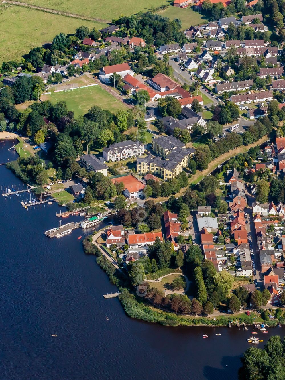Friedrichstadt from above - Residential area of the multi-family house settlement on Westersielzug - canal on street Westerlilienstrasse in Friedrichstadt in the state Schleswig-Holstein, Germany