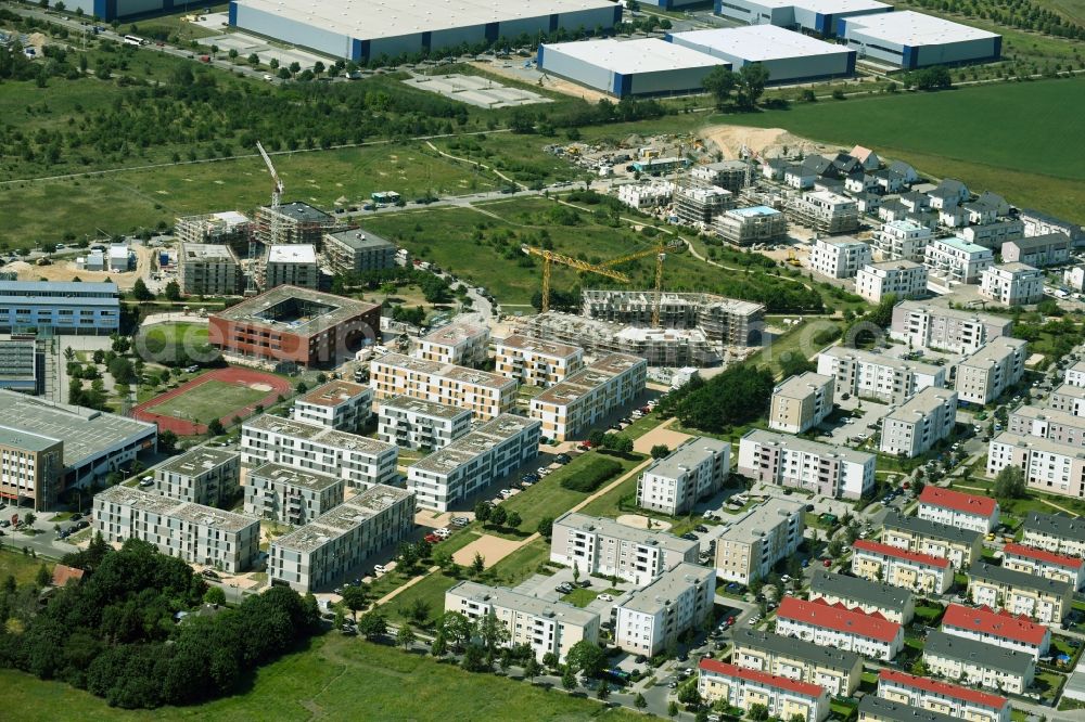 Schönefeld from the bird's eye view: Residential area of the multi-family house settlement Bertold-Brecht-Allee - Bayangol-Park in Schoenefeld in the state Brandenburg, Germany