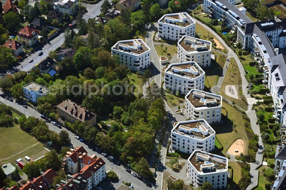 Würzburg from the bird's eye view: Residential area of the multi-family house settlement Wohnquartier Moenchberg on Salvatorstrasse in the district Frauenland in Wuerzburg in the state Bavaria, Germany