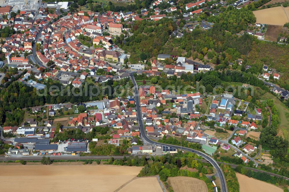 Arnstein from above - Residential area - mixed development of a multi-family housing estate and single-family housing estate in Arnstein in the state Bavaria, Germany