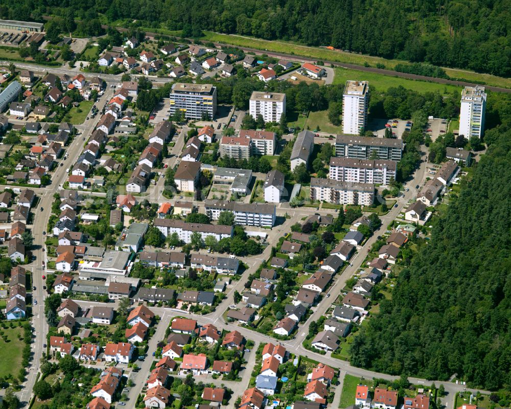 Büchig from above - Residential area - mixed development of a multi-family housing estate and single-family housing estate in Büchig in the state Baden-Wuerttemberg, Germany