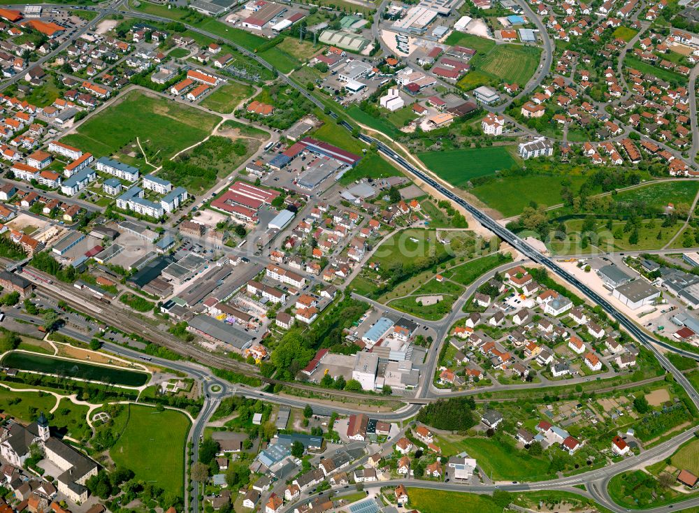 Berkach from above - Residential area - mixed development of a multi-family housing estate and single-family housing estate in Berkach in the state Baden-Wuerttemberg, Germany