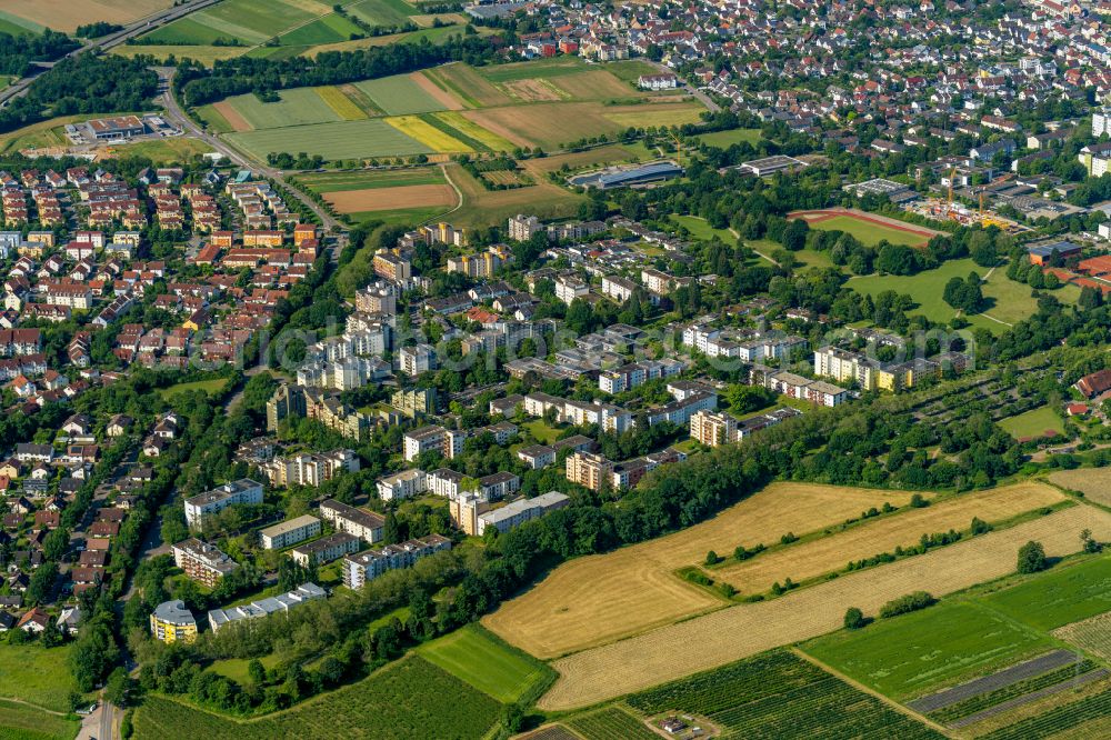 Denzlingen from above - Residential area - mixed development of a multi-family housing estate and single-family housing estate in Denzlingen in the state Baden-Wuerttemberg, Germany