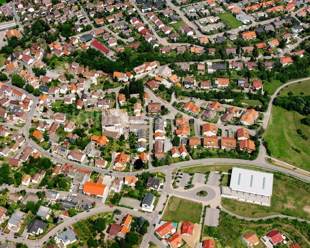 Ellhofen from above - Residential area - mixed development of a multi-family housing estate and single-family housing estate in Ellhofen in the state Baden-Wuerttemberg, Germany