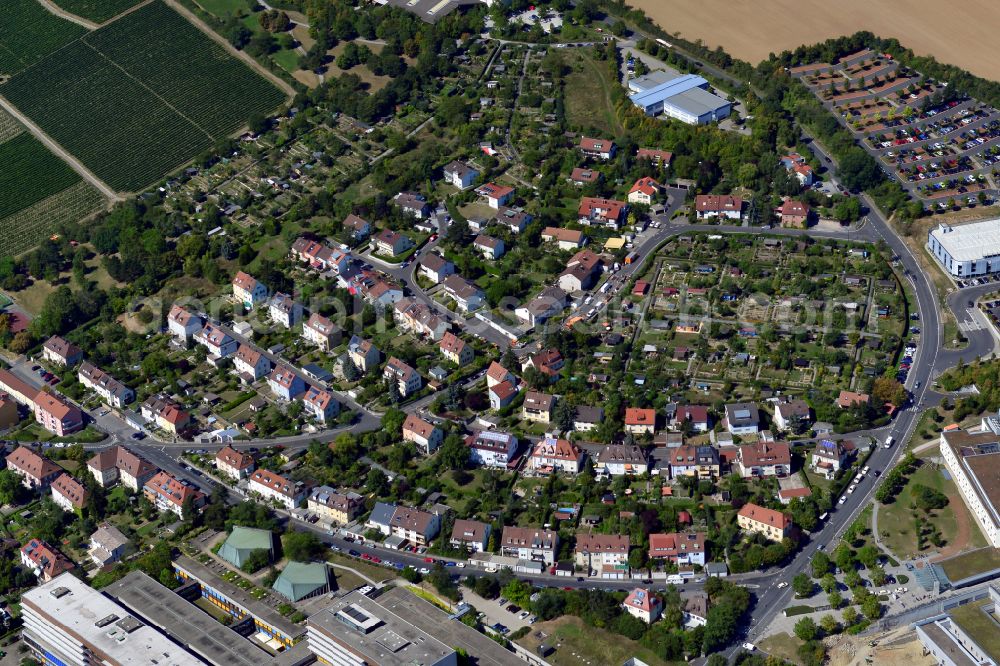 Grombühl from above - Residential area - mixed development of a multi-family housing estate and single-family housing estate in Grombühl in the state Bavaria, Germany