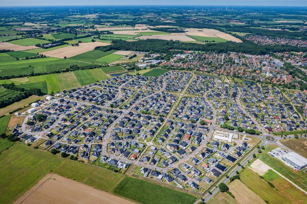 Harsefeld from above - Residential area - mixed development of a multi-family housing estate and single-family housing estate in Harsefeld in the state Lower Saxony, Germany