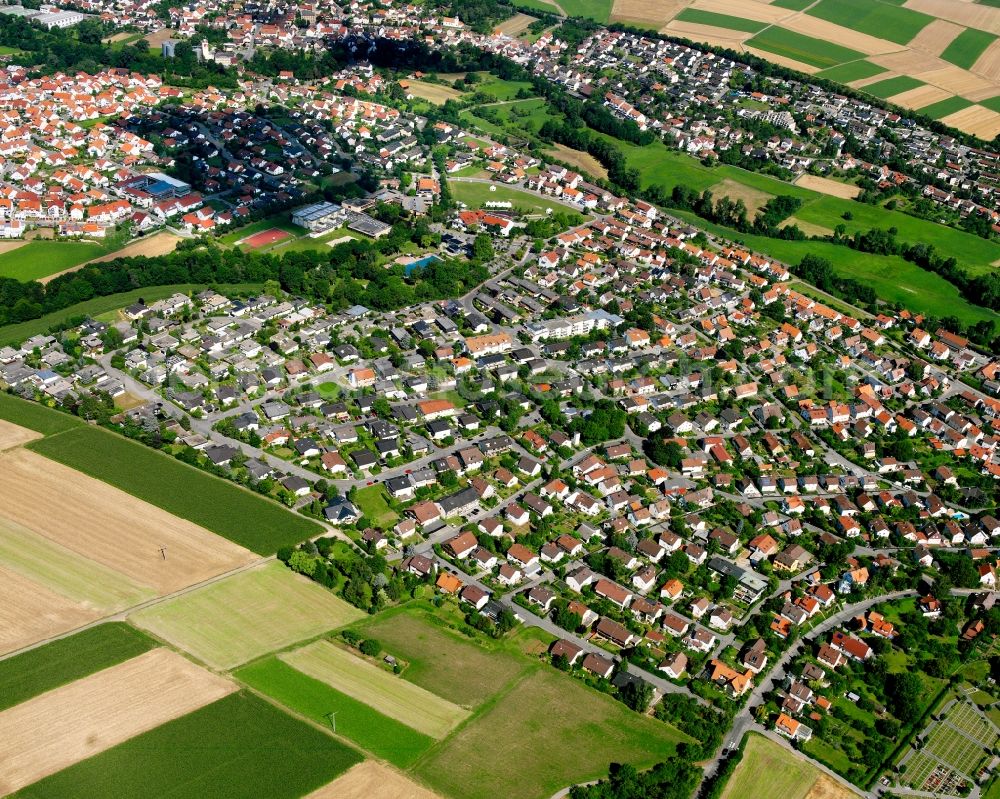 Leingarten from above - Residential area - mixed development of a multi-family housing estate and single-family housing estate in Leingarten in the state Baden-Wuerttemberg, Germany