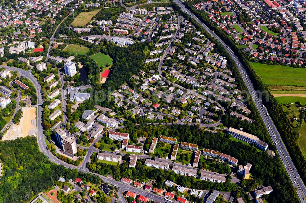 Lengfeld from above - Residential area - mixed development of a multi-family housing estate and single-family housing estate in Lengfeld in the state Bavaria, Germany