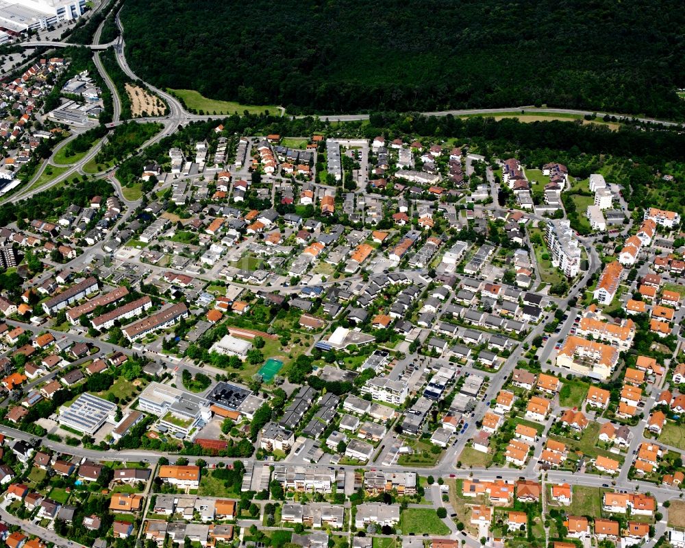 Obereisesheim from above - Residential area - mixed development of a multi-family housing estate and single-family housing estate in Obereisesheim in the state Baden-Wuerttemberg, Germany