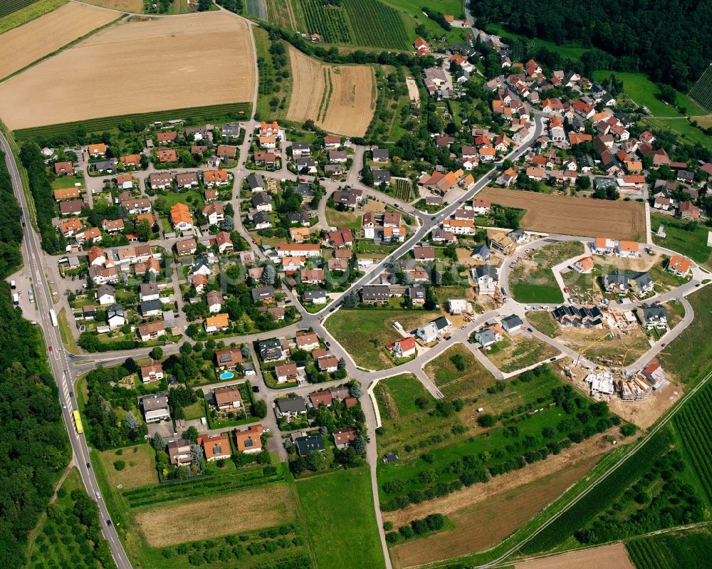 Oberheinriet from above - Residential area - mixed development of a multi-family housing estate and single-family housing estate in Oberheinriet in the state Baden-Wuerttemberg, Germany